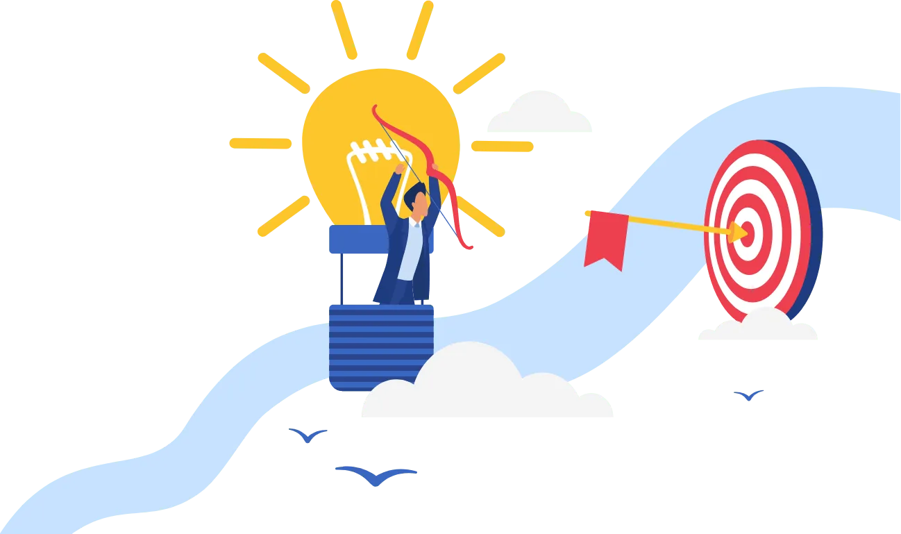 Illustration of a lightbulb balloon aiming an arrow at a target